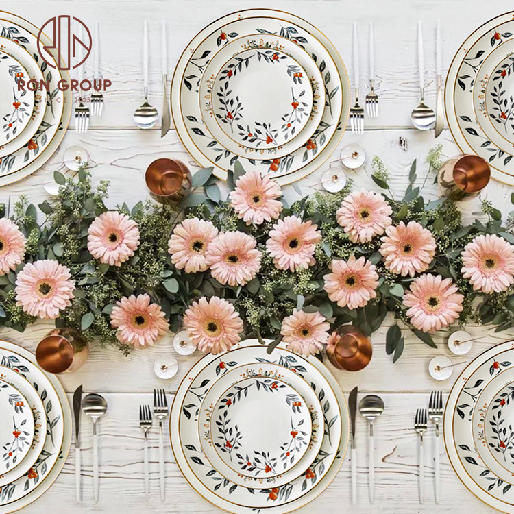 Modern Tableware Ceramic Dinner Flower Design Restaurant Hotel Gold Rim Round Serving Dish Set Bone China Plates for Wedding