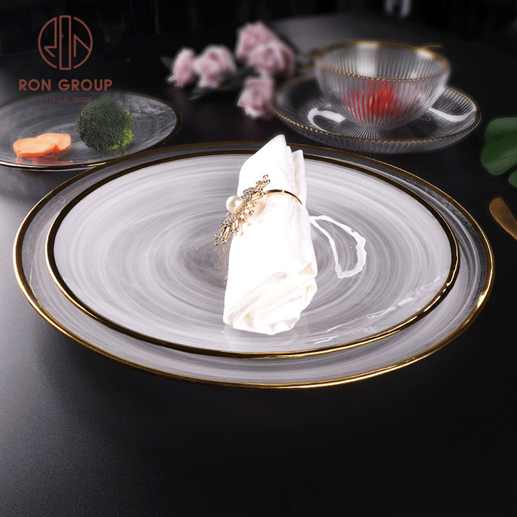 Decorative Clear Tableware Rim Charger Plates Transparent Gold Glass Hot Sale Event Party Small Round Wedding Plate Dish Custom