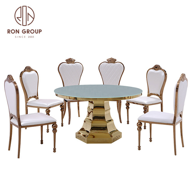 Foshan Factory Luxury Modern Party Italian Table Round Glass Marble Rose Gold Stainless Steel Leg Dining Wedding Tables