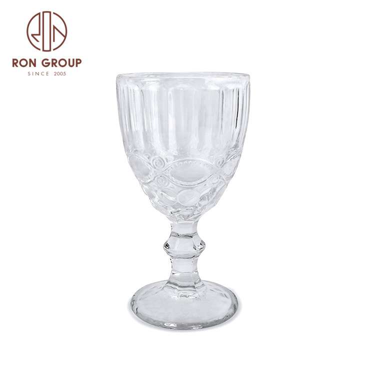 Wholesale hot selling big wine glasses embossing modern wedding drinking champagne goblet water and juice color glass cup