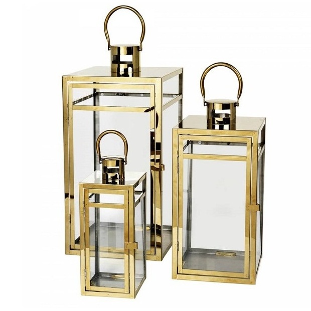 Shiny Gold Plated Metal Lantern Set Of Three Square Shape Lantern Hot Sale Decorative Wholesale Fancy Candle Lantern