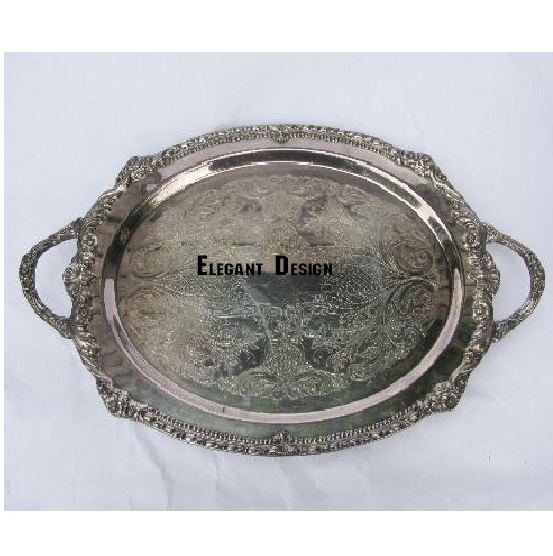 Indian Supplier Of Brass Serving Tray Oval Shape Silver Plated Brass Tray Fancy Variety High Standard Quality Brass Serving Tray