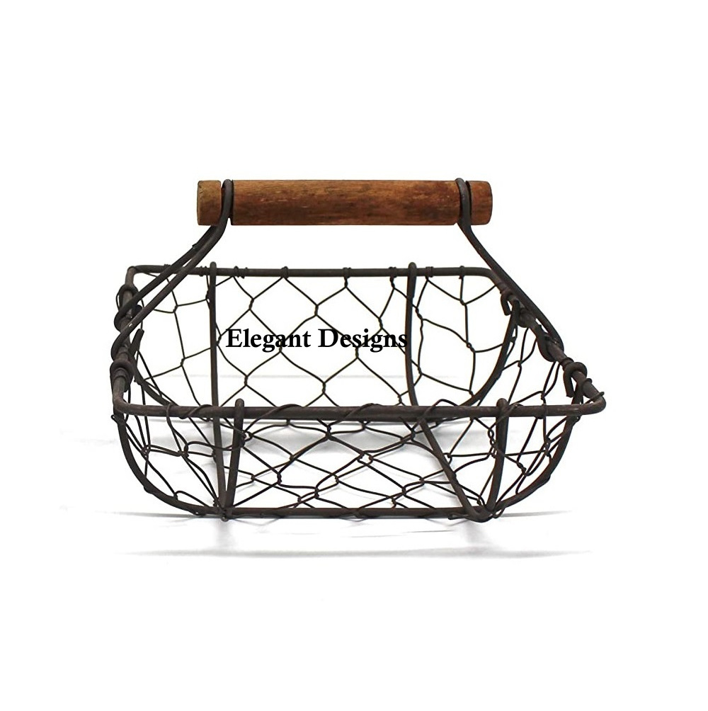 Iron Wire Egg Basket With Wooden Handle Customized Size Wholesale Wire Basket Black Powder Coated Vintage Egg Wire Basket