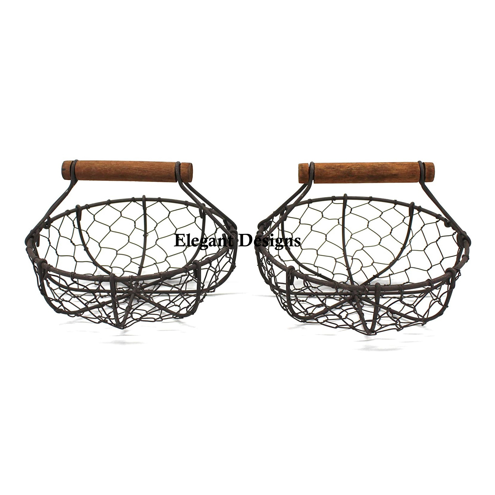 Iron Wire Egg Basket With Wooden Handle Customized Size Wholesale Wire Basket Black Powder Coated Vintage Egg Wire Basket