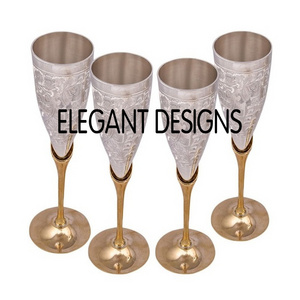 Indian Handwork Brass Wine Goblet Embossed Silver Finished With Gold Plated Set Of Four Indian Exporter Of Metal Brass Goblet