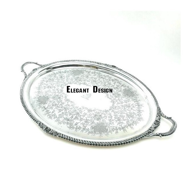 Indian Supplier Of Brass Serving Tray Oval Shape Silver Plated Brass Tray Fancy Variety High Standard Quality Brass Serving Tray