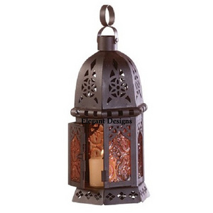 Orange Colored Glass Metal Moroccan Lantern Small Size Decorative Candle Lantern Brown Color Best Designer Best Moroccan Lantern