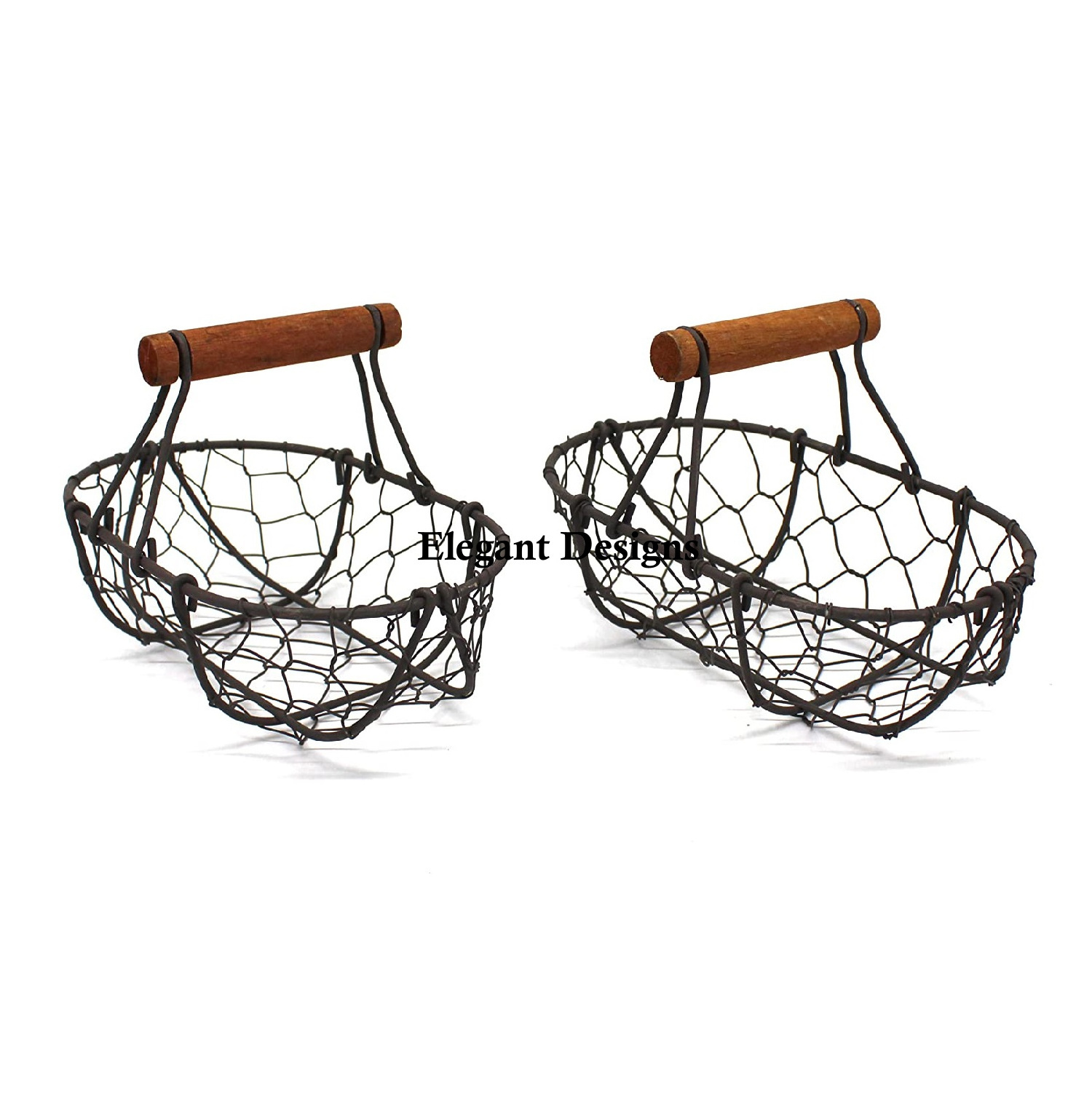 Iron Wire Egg Basket With Wooden Handle Customized Size Wholesale Wire Basket Black Powder Coated Vintage Egg Wire Basket