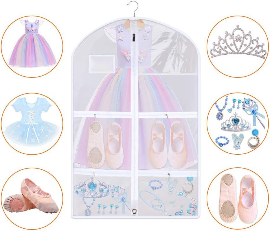 Custom Logo   Clear PVC Dance Costume Garment Bags Garment Bag for Dance Competitions with 4 Medium Clear Zipper Pockets