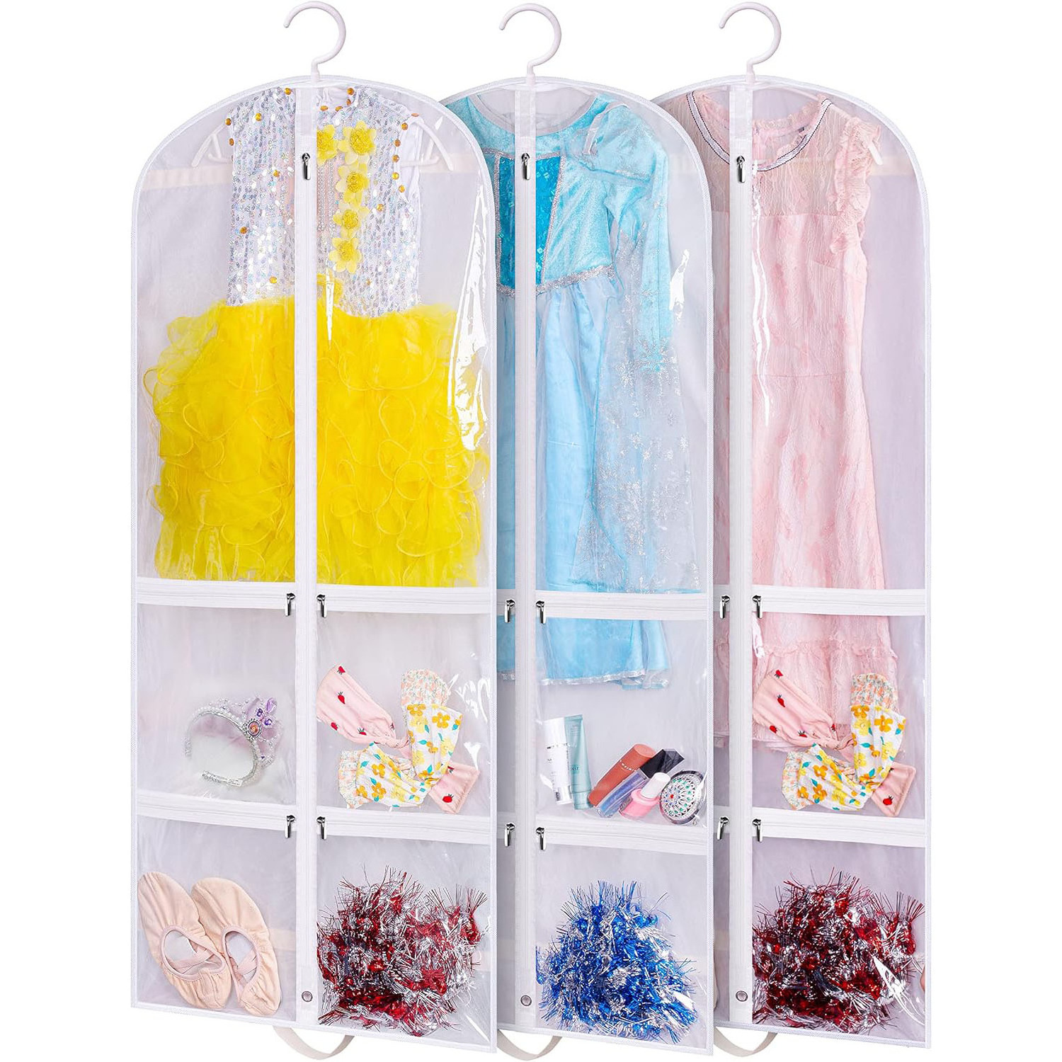 Custom Logo Clear Garment Bag for Dance Costume Kids Hanging Clothes Cover for Closet Storage With 4 Zipper Pockets for Ballet