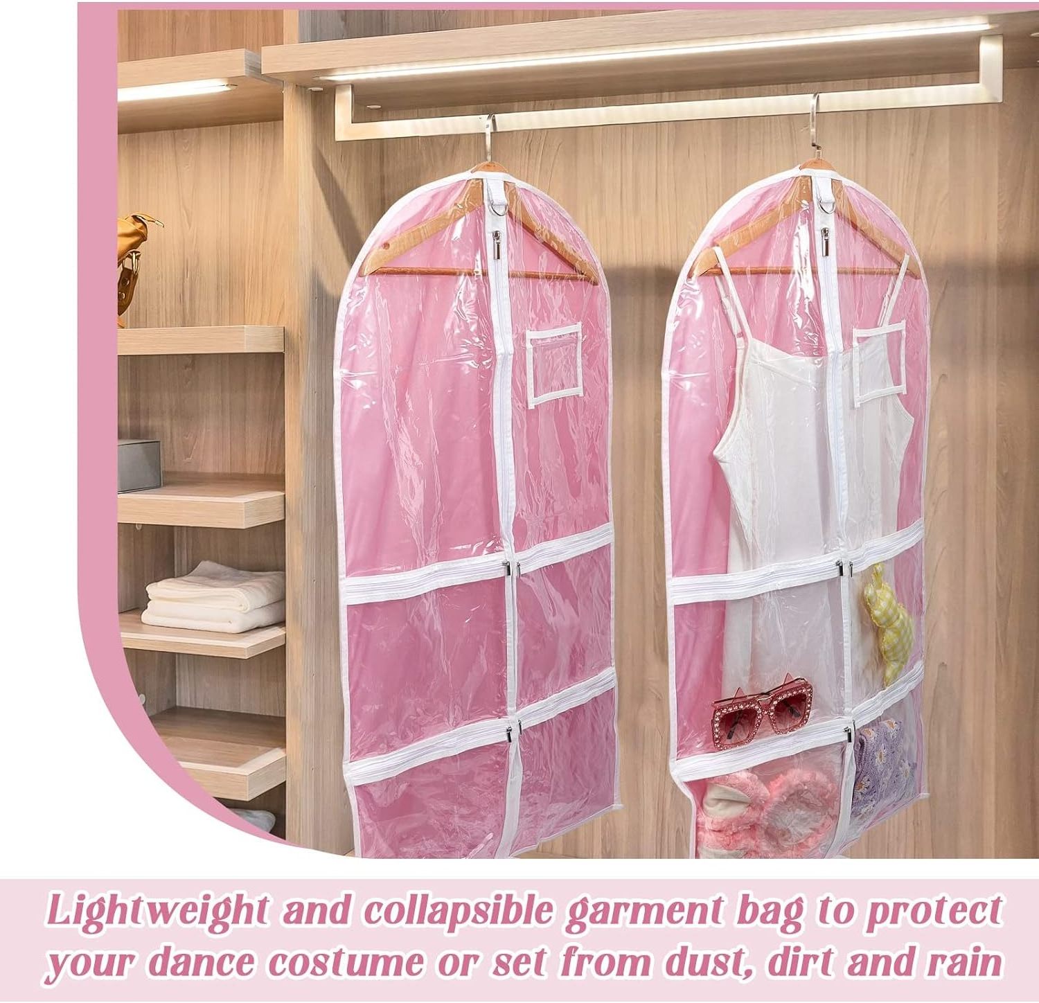 Custom Logo Kids Dance Costume Garment Bag Clear Garment Bags Garment Bags with 5 Zipper Pockets Closet Hanging Clothes Cover