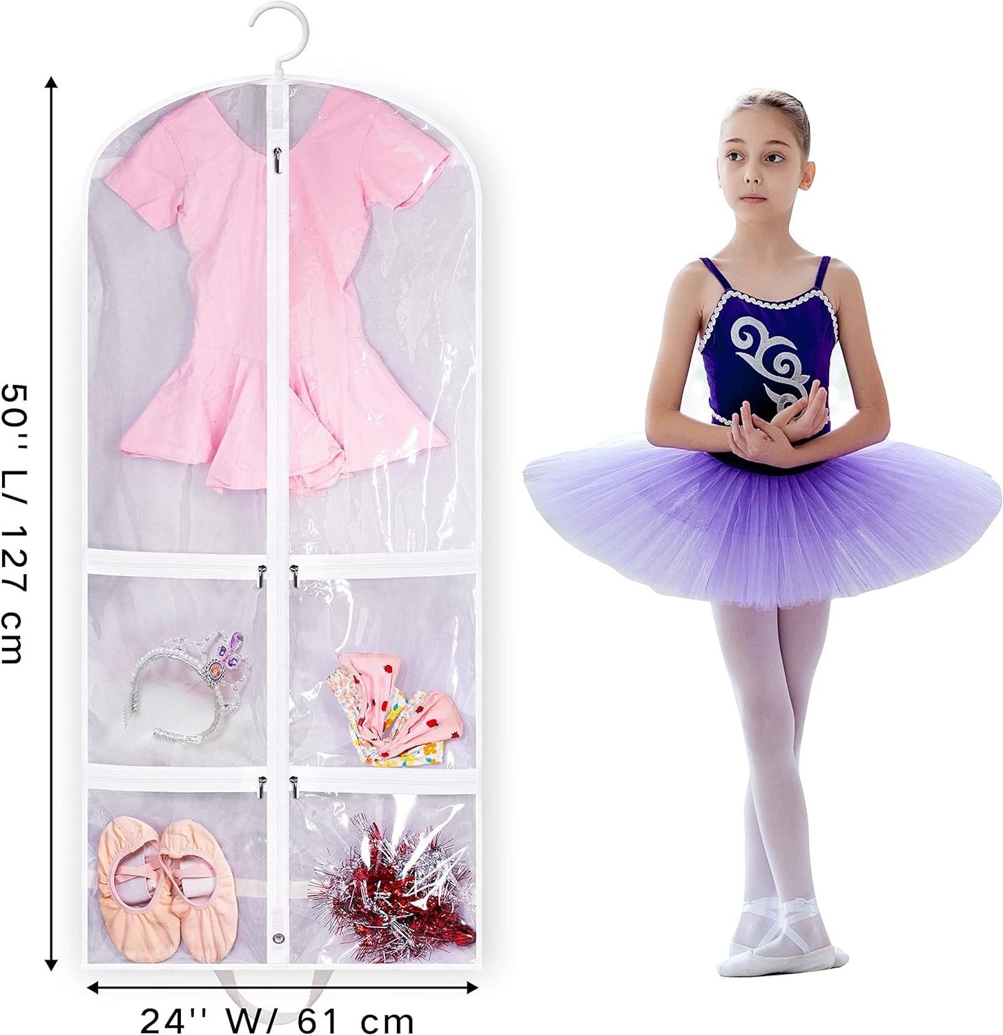 Custom Logo Clear Garment Bag for Dance Costume Kids Hanging Clothes Cover for Closet Storage With 4 Zipper Pockets for Ballet