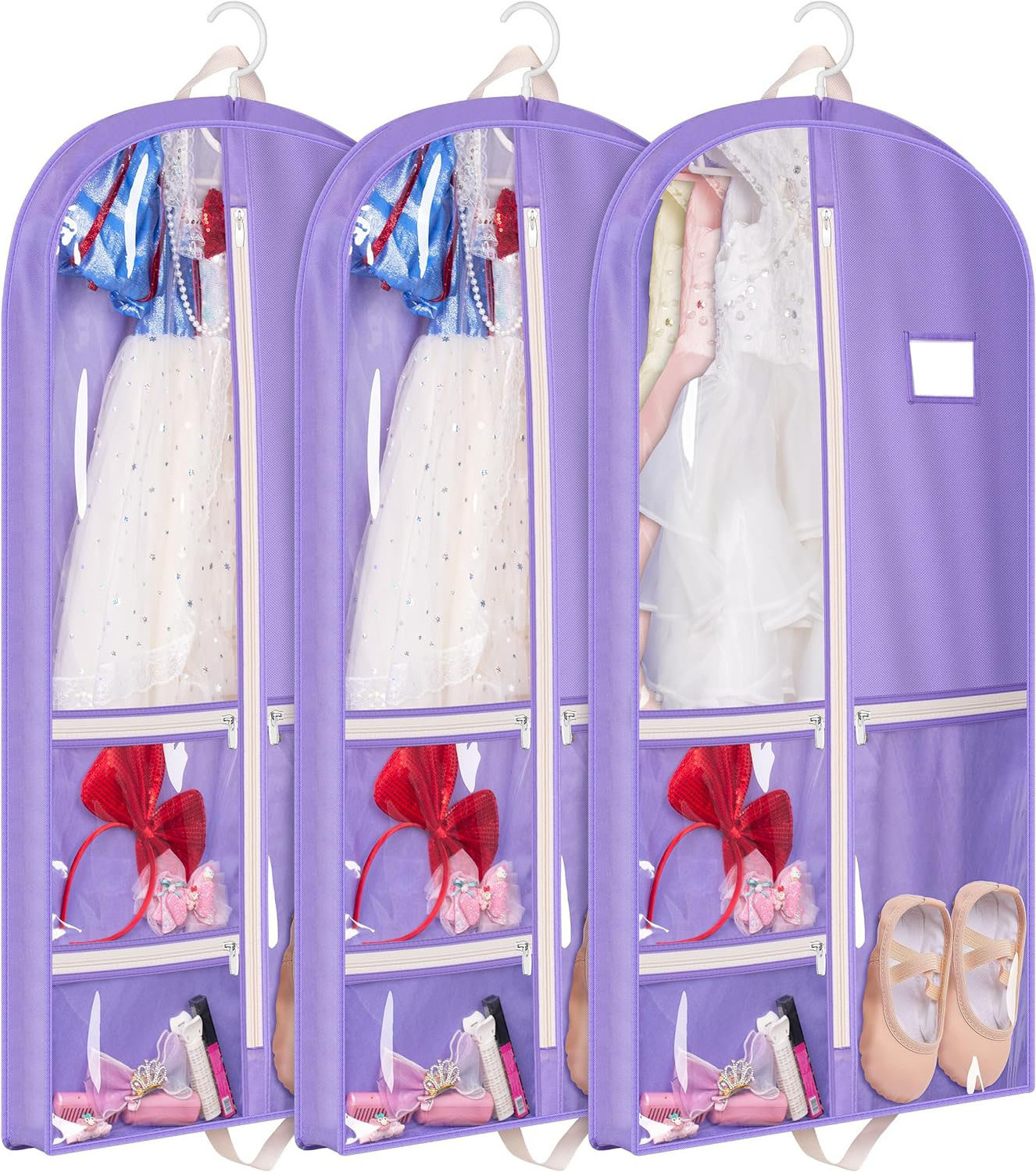 Custom Logo Dancers Hanging Dance Costume Garment Bag Kids Garment Bags with 3 Zippered Pockets Storage for Girls