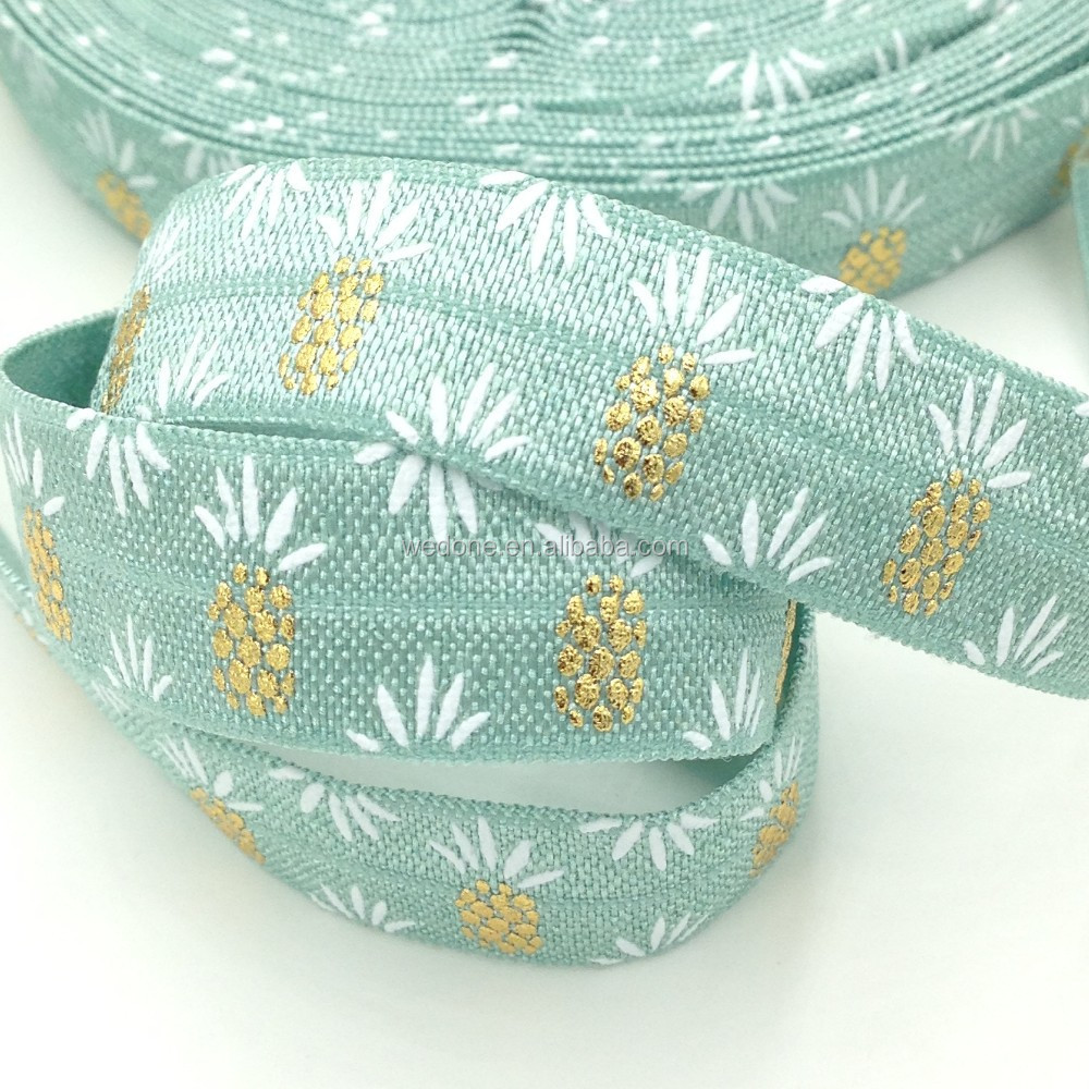 Hot Sale High Quality Green Pineapple Gold Foil Fold Over Elastic 5/8