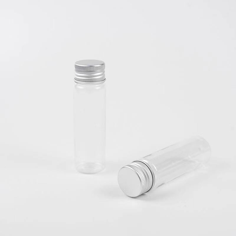 Empty PET transparent plastic candy display tube packaging with silver aluminum lid