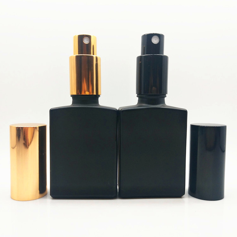 Matte black square rechargeable portable cosmetic spray bottles 15ml 30ml 50ml 100ml square shape frosted glass perfume bottle