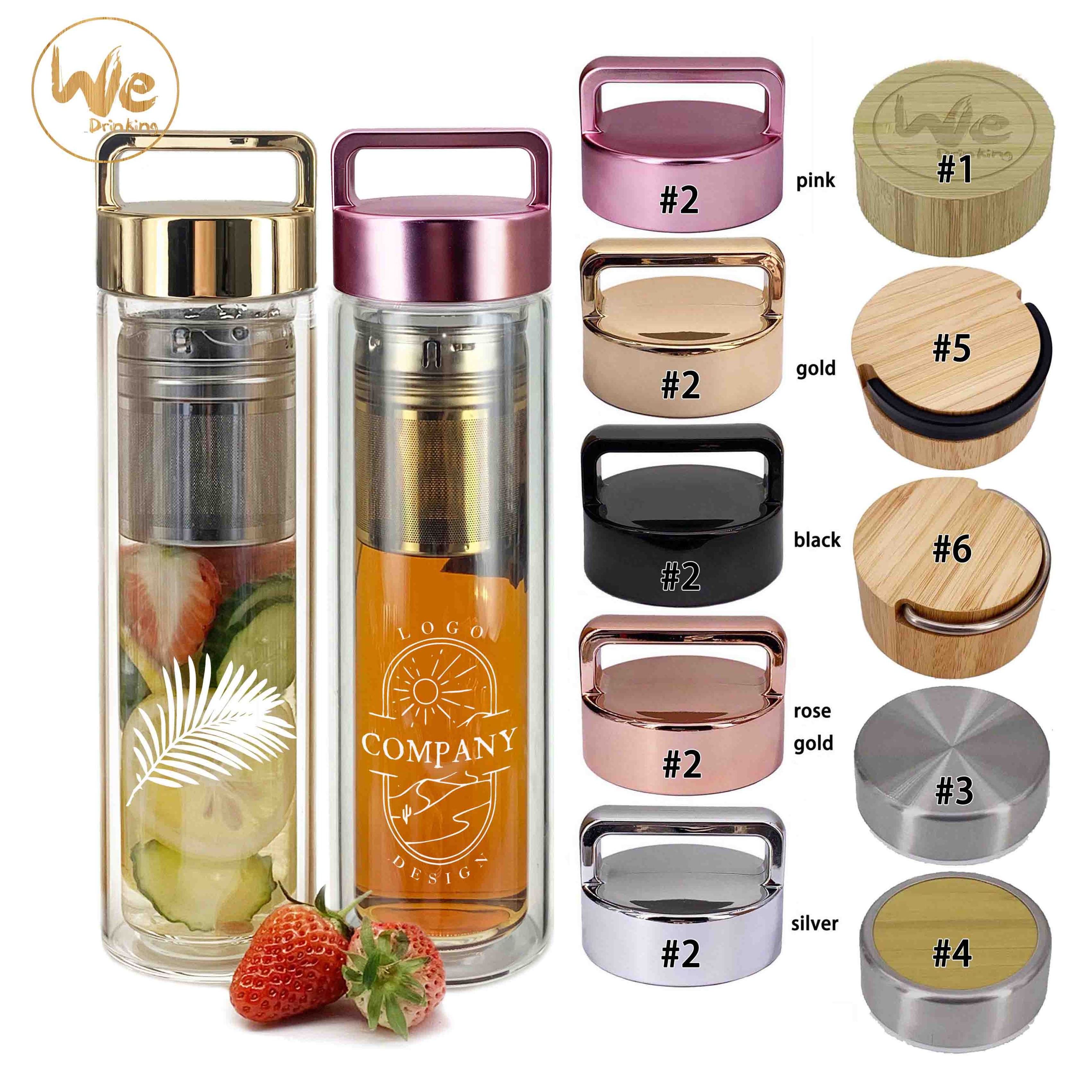 GS07-A Double Wall 480ml Glass Tea Infuser Tumbler Fruit Infusion Glass Bottle with Bamboo Lid  and Infuser Strainer