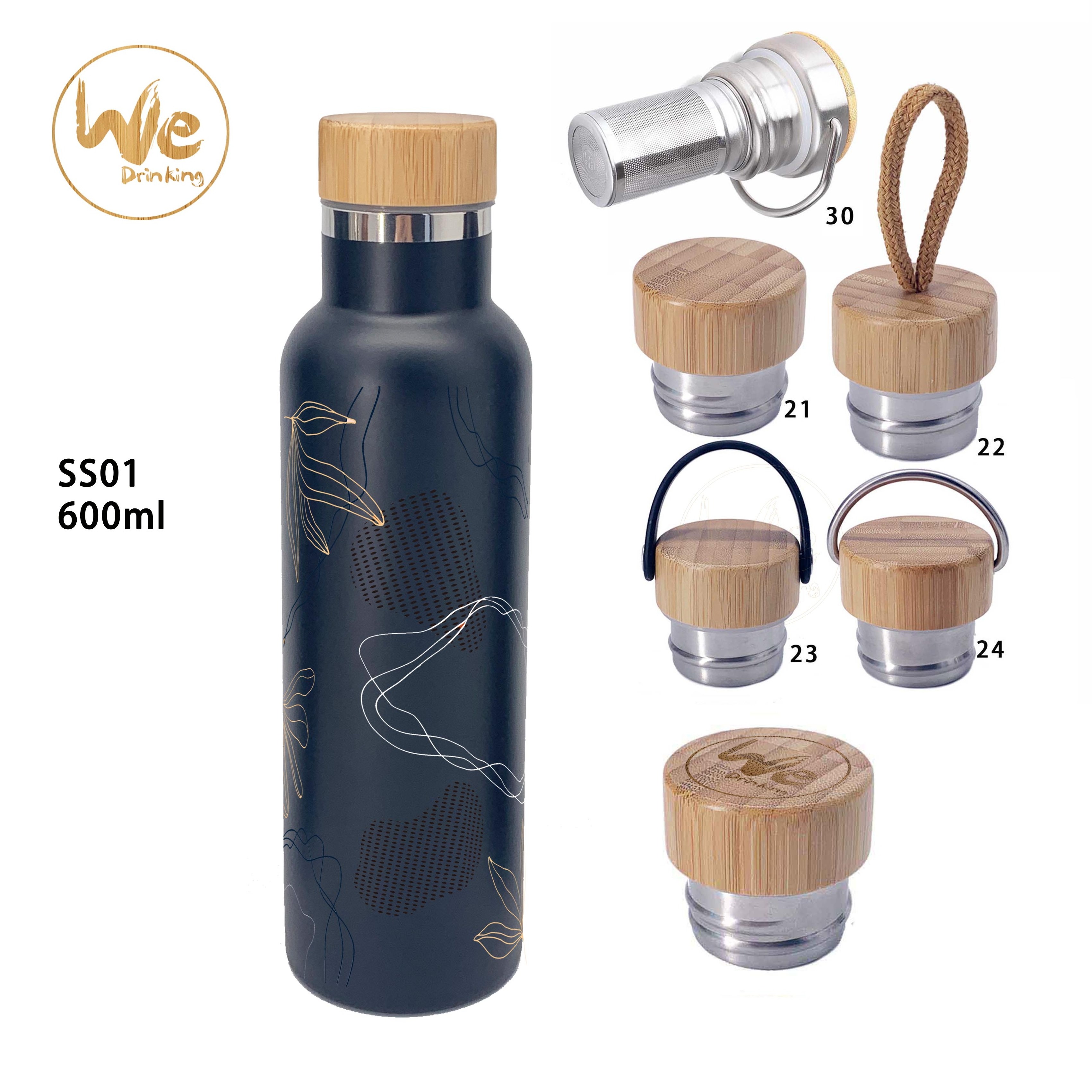 SS01 600ml 21oz Stainless Steel Insulated Stainless Steel Water Bottle with Bamboo Lid and Sport Lid