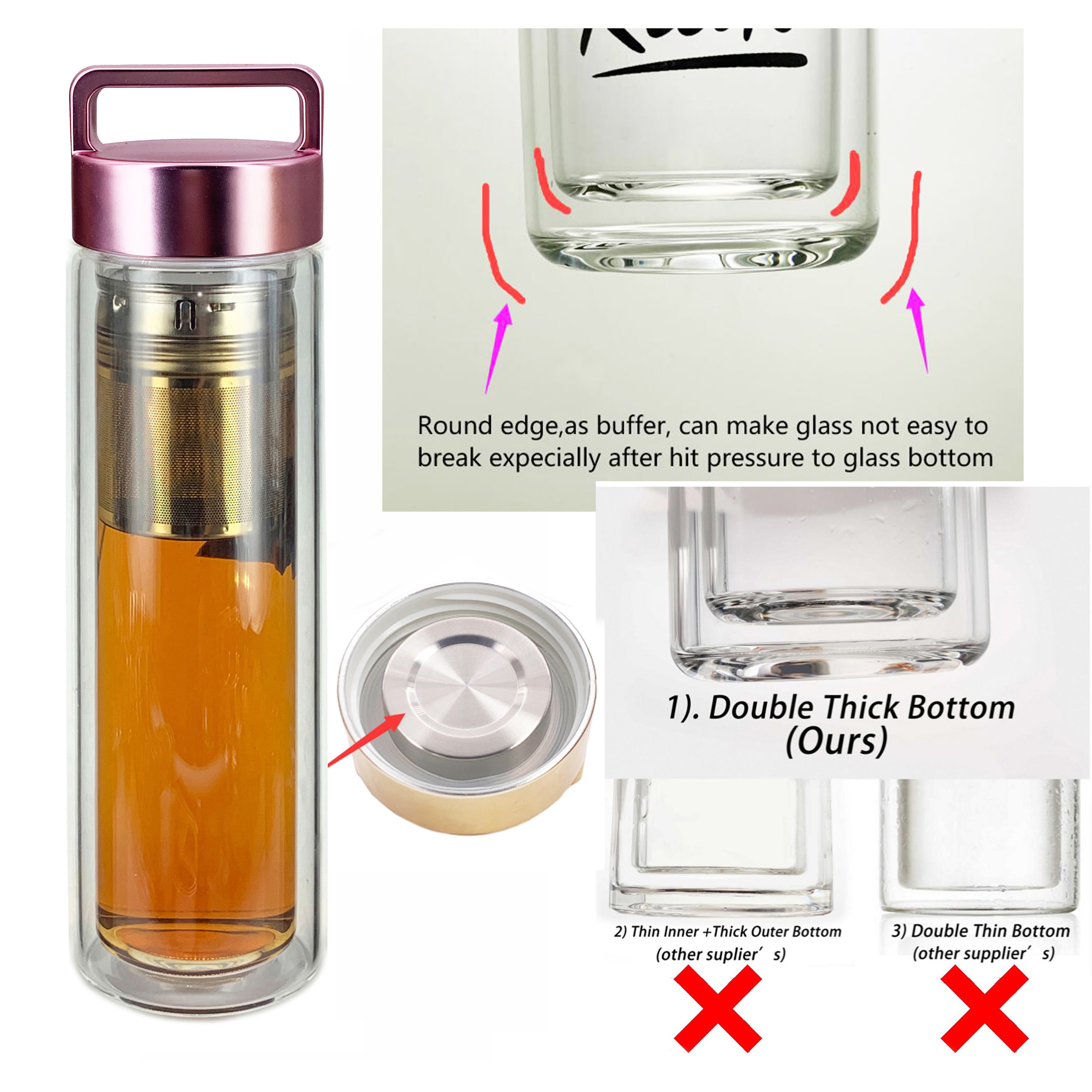 500ml 650ml 1000ml BPA free borosilicate double wall glass tea fruit infuser glass water bottles with bamboo lids