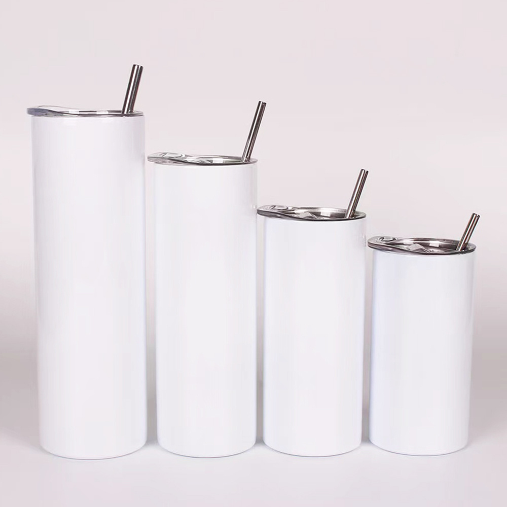 ST07 20oz Skinny White Straight Sublimation Blanks Stainless Steel Tumblers With Metal Straws