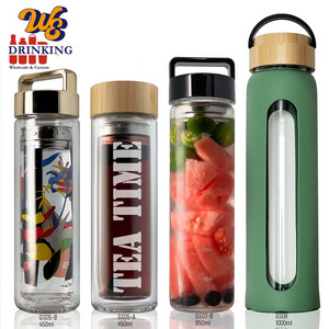 500ml 650ml 1000ml BPA free borosilicate double wall glass tea fruit infuser glass water bottles with bamboo lids