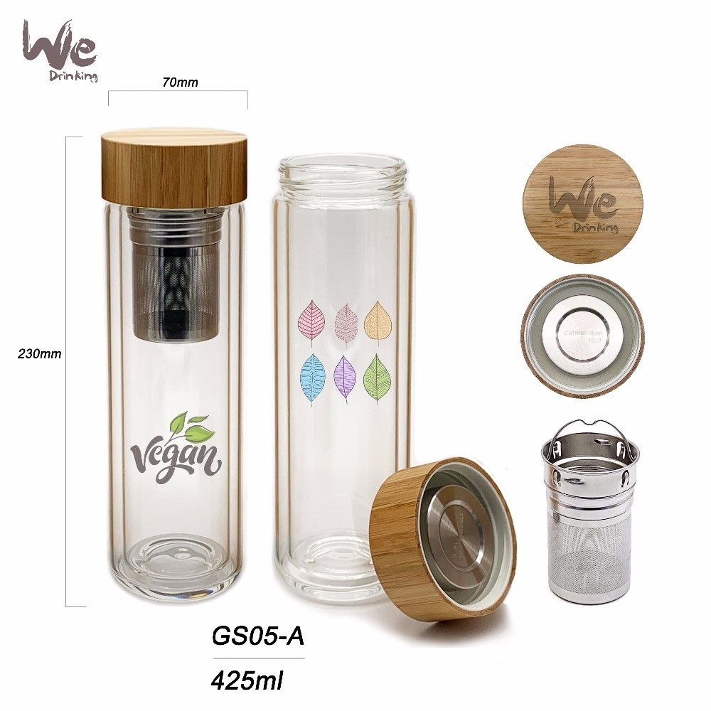 GS05-A 425ml 15oz Double Wall Glass Travel Mug with Bamboo Lid and Tea Infuser for Detox Coffee Fruit Milk Drink