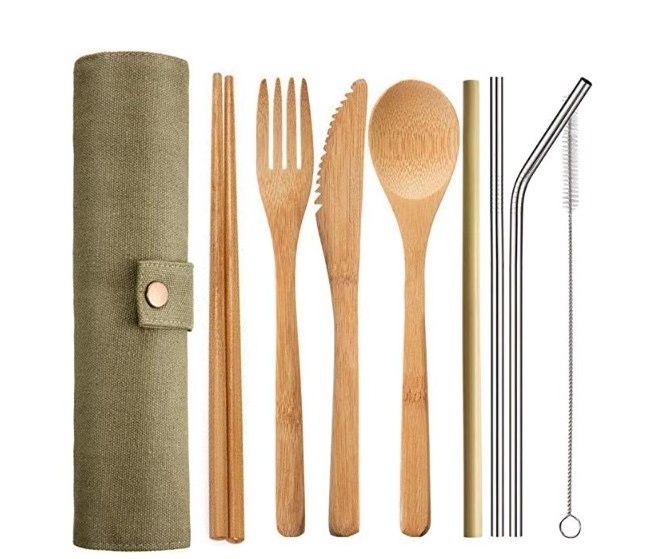 stocked personalize eco friendly nature knife toothbrush straw cleaner fork chopstick spoon dinner bamboo cutlery set