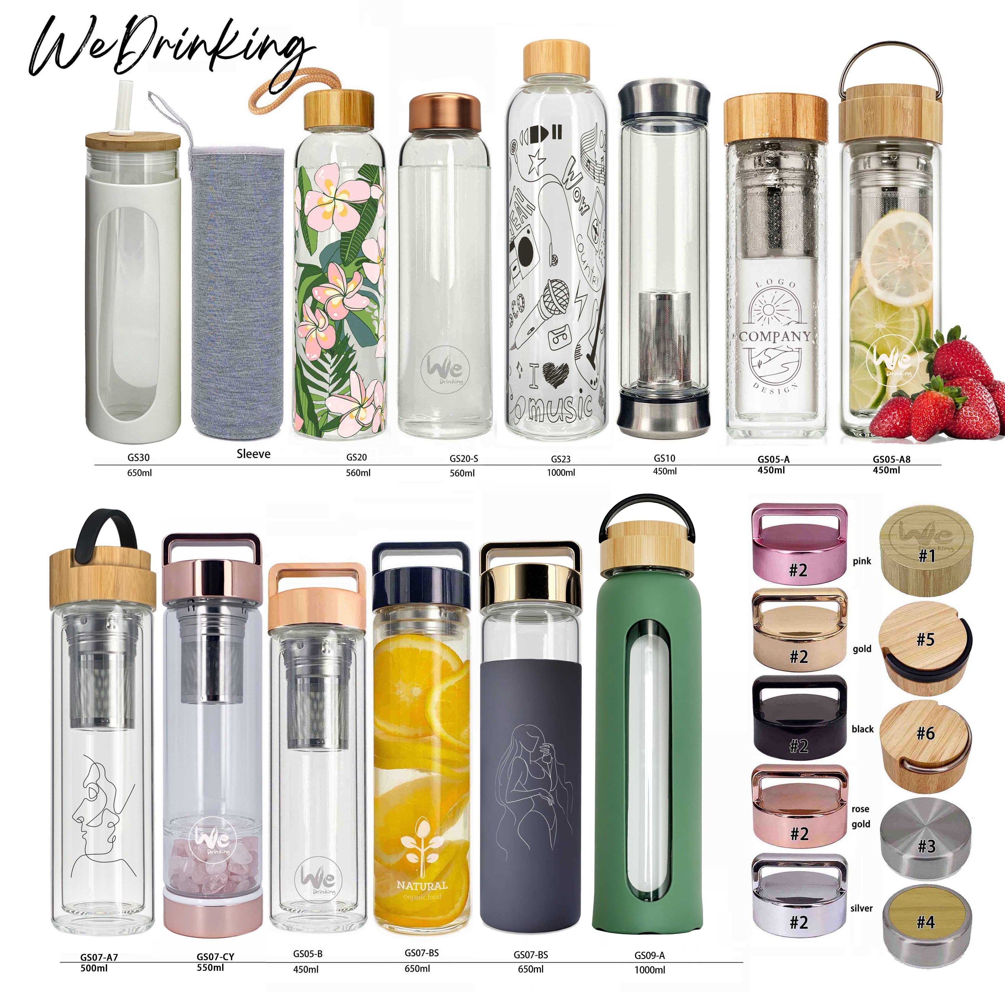 500ml 650ml 1000ml BPA free borosilicate double wall glass tea fruit infuser glass water bottles with bamboo lids