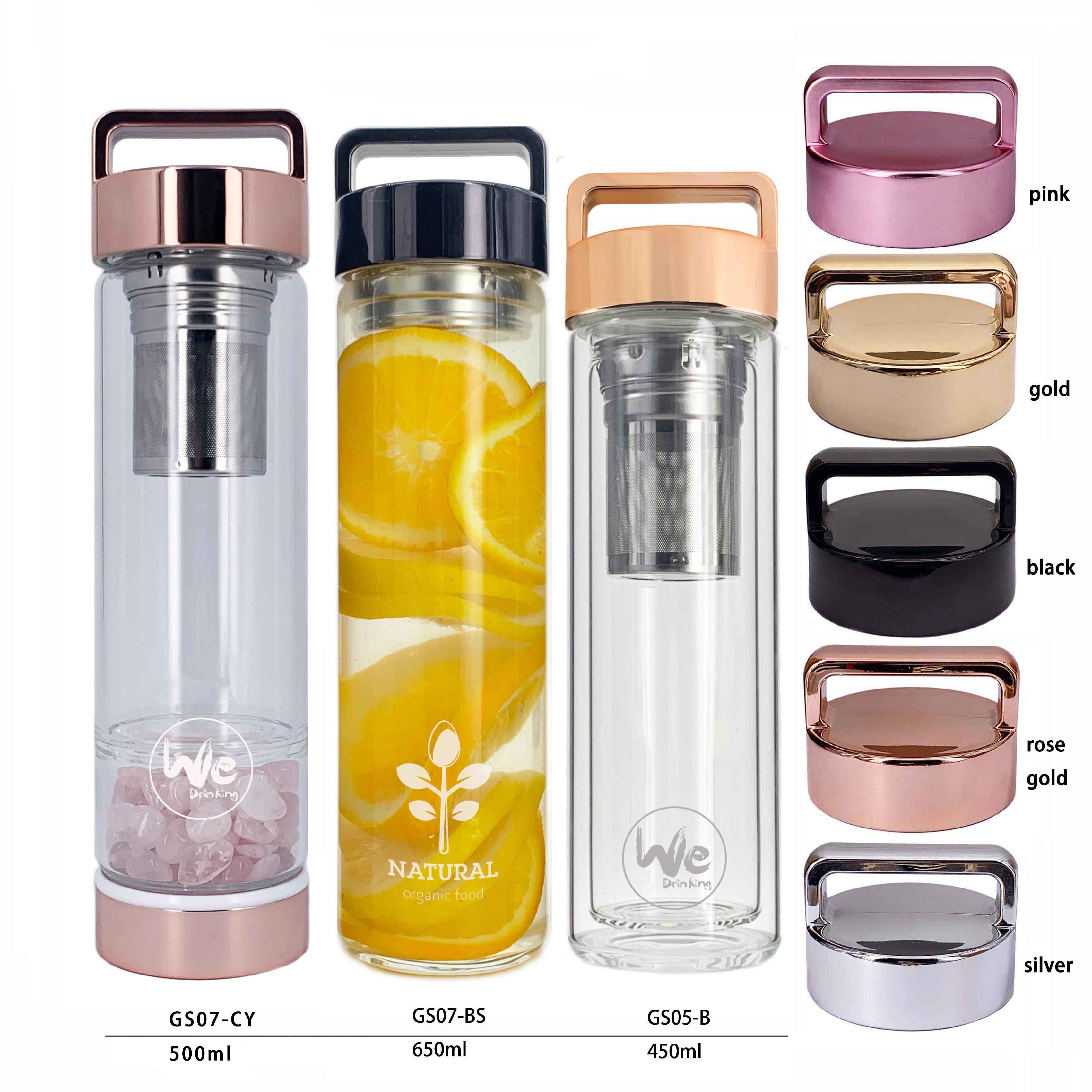 GS05-A 425ml 15oz Double Wall Glass Travel Mug with Bamboo Lid and Tea Infuser for Detox Coffee Fruit Milk Drink