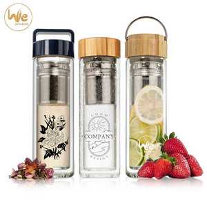 GS07-A Double Wall 480ml Glass Tea Infuser Tumbler Fruit Infusion Glass Bottle with Bamboo Lid  and Infuser Strainer