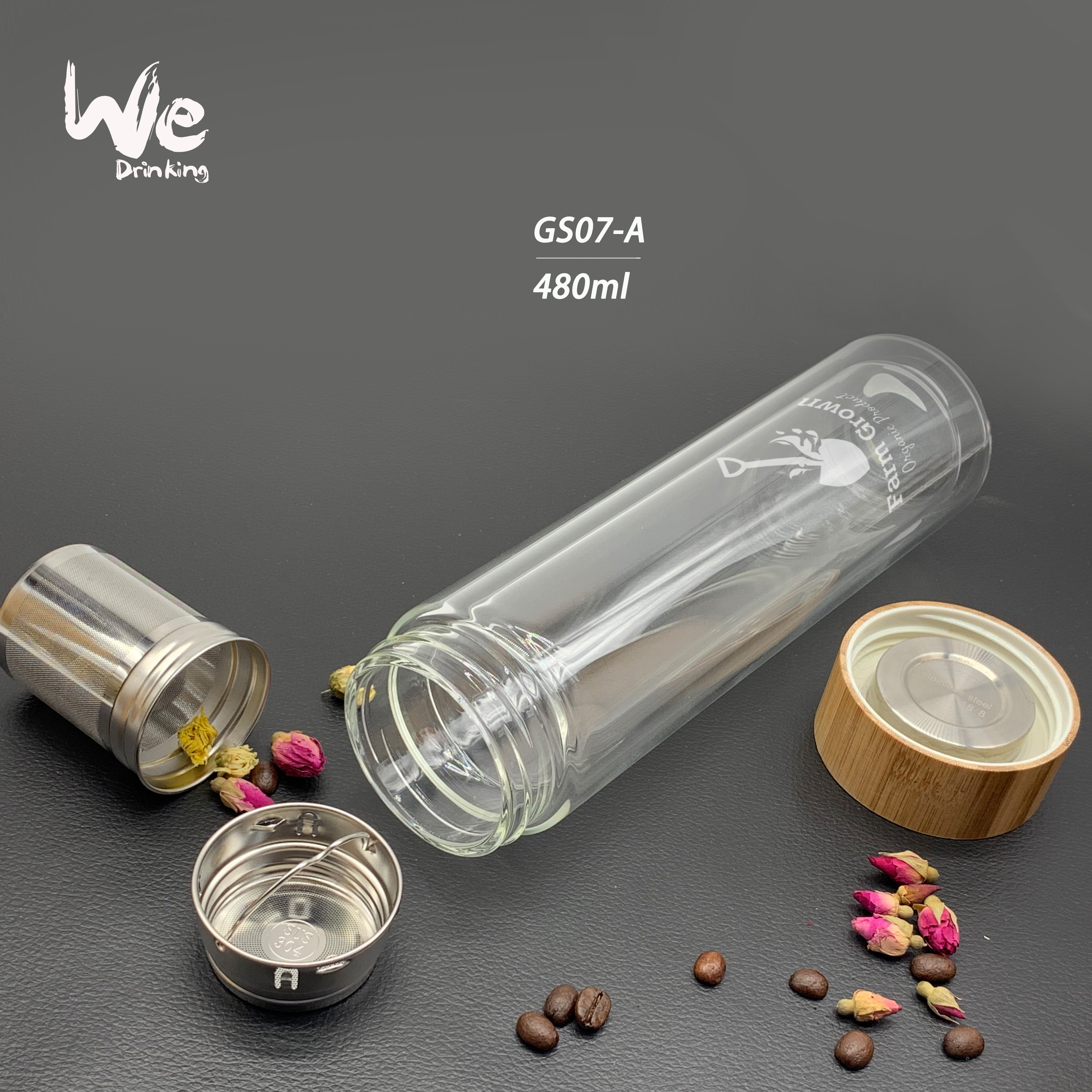 GS07-A Double Wall 480ml Glass Tea Infuser Tumbler Fruit Infusion Glass Bottle with Bamboo Lid  and Infuser Strainer