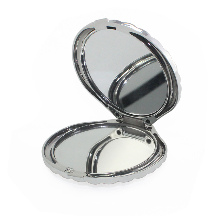 Custom logo Shell shape silver white color small plastic Mirror Folding Compact Portable Double Sided magnifying  pocket Mirror