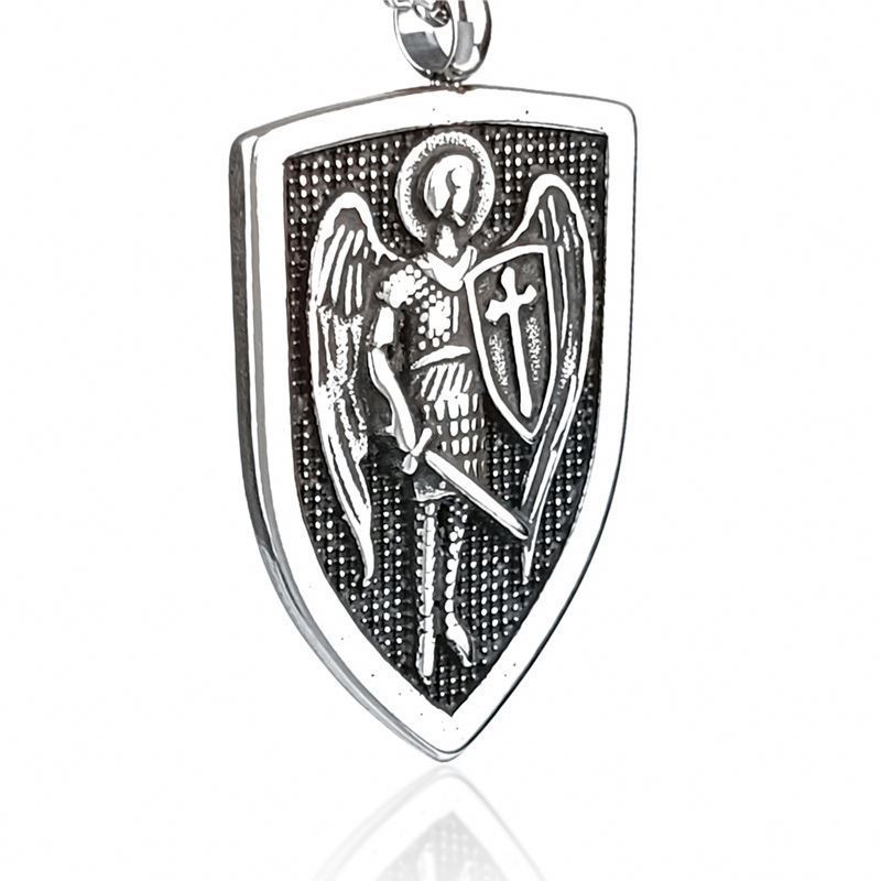 Stainless Steel Angel Michael Pendant Divine Guardian Titanium Shield Hip Hop Men Necklace