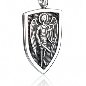 Stainless Steel Angel Michael Pendant Divine Guardian Titanium Shield Hip Hop Men Necklace