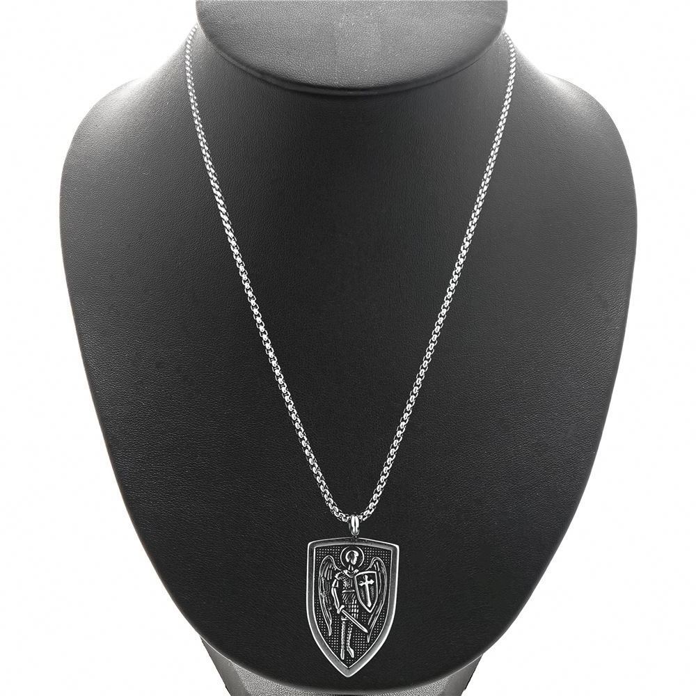 Stainless Steel Angel Michael Pendant Divine Guardian Titanium Shield Hip Hop Men Necklace