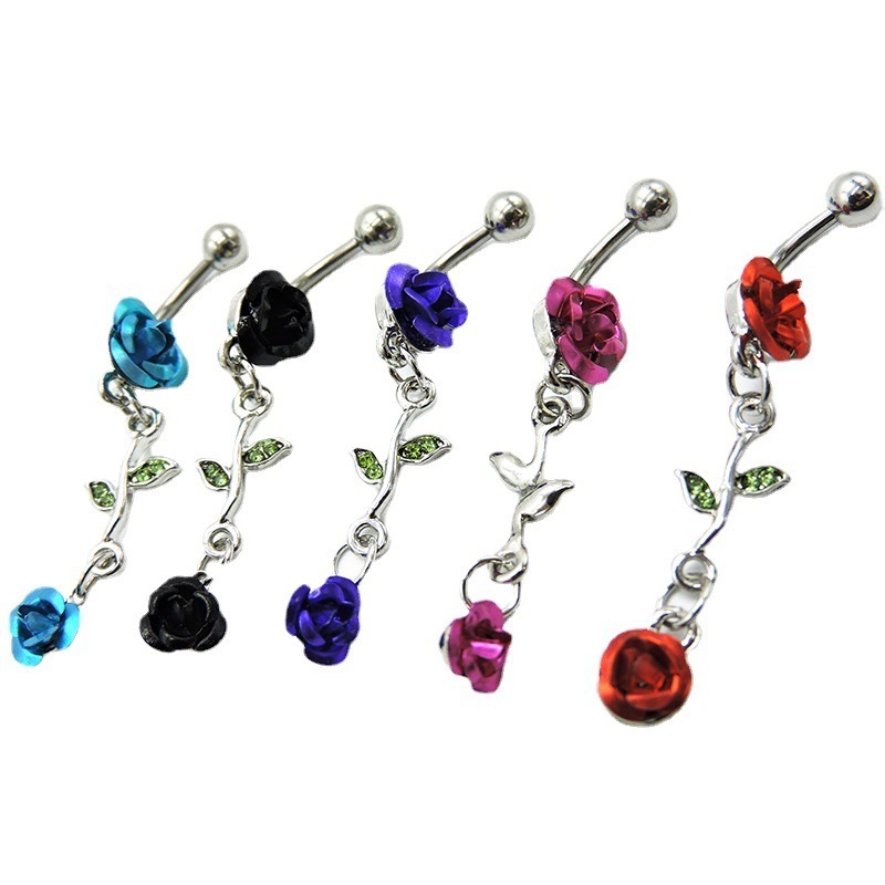 Fashion Body Jewelry Stainless Steel Dangling Rose Flower Belly Button Ring Navel Rings Exquisite Belly Piercing Jewelry