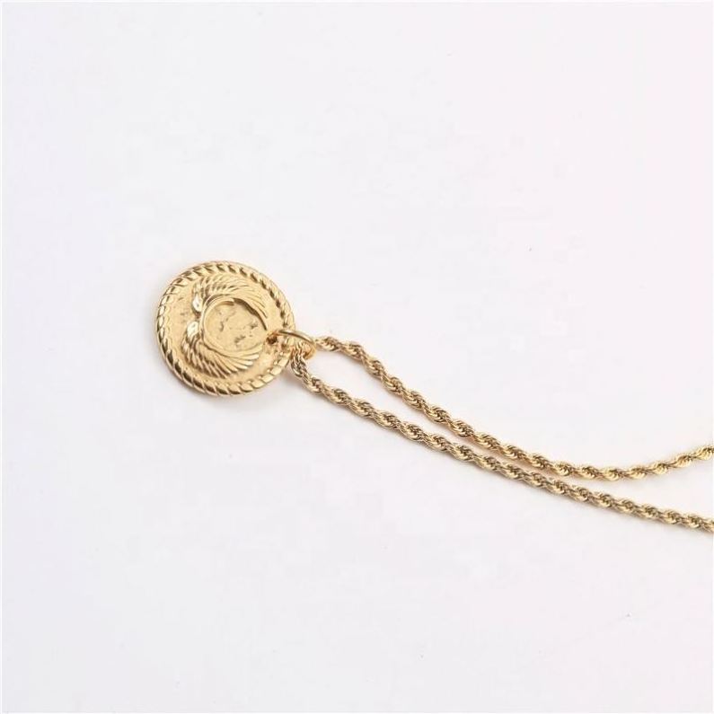 Stainless Steel 18K PVD Gold Plating Coin Necklace Vintage Medal Pendant Guardian Angel Wing Pendant Necklace Rope Chain