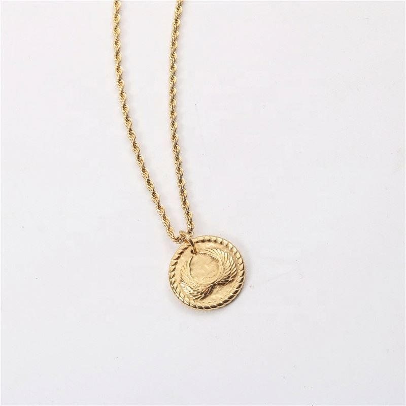 Stainless Steel 18K PVD Gold Plating Coin Necklace Vintage Medal Pendant Guardian Angel Wing Pendant Necklace Rope Chain