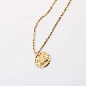 Stainless Steel 18K PVD Gold Plating Coin Necklace Vintage Medal Pendant Guardian Angel Wing Pendant Necklace Rope Chain