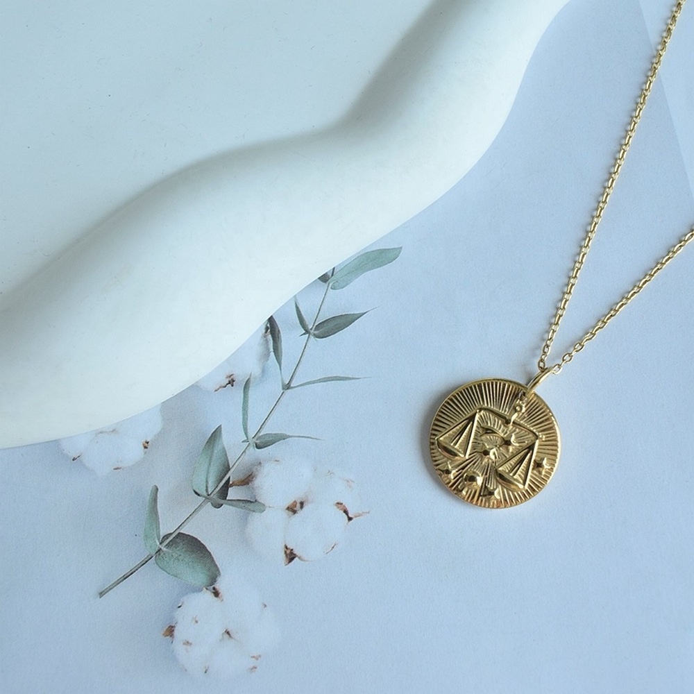 Women Birthday Gift Stainless Steel Medallion Zodiac Pendant 18K Gold Jewelry Minimalist Zodiac Necklace Horoscope Necklace