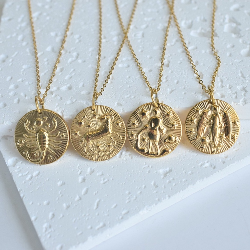 Women Birthday Gift Stainless Steel Medallion Zodiac Pendant 18K Gold Jewelry Minimalist Zodiac Necklace Horoscope Necklace