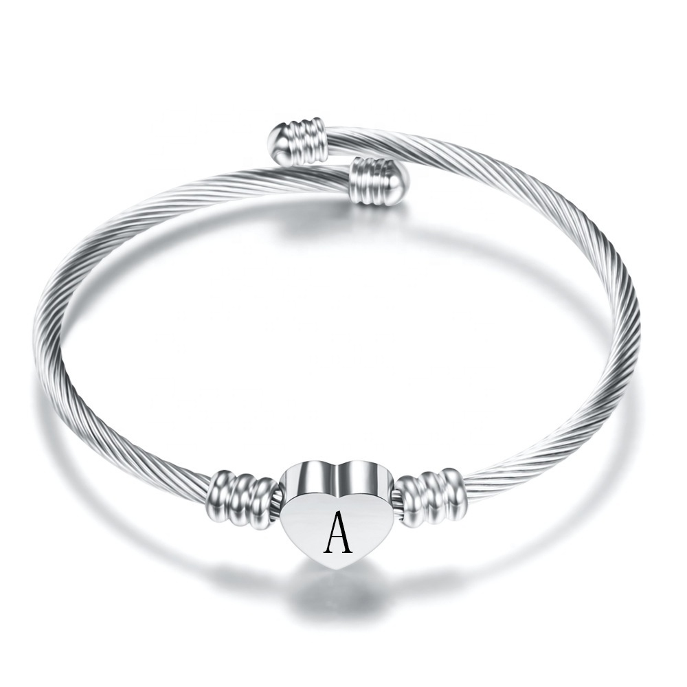 High Quality Stainless Steel Open Bangle Wire Bracelet Fashion Women Heart Initial Bracelet