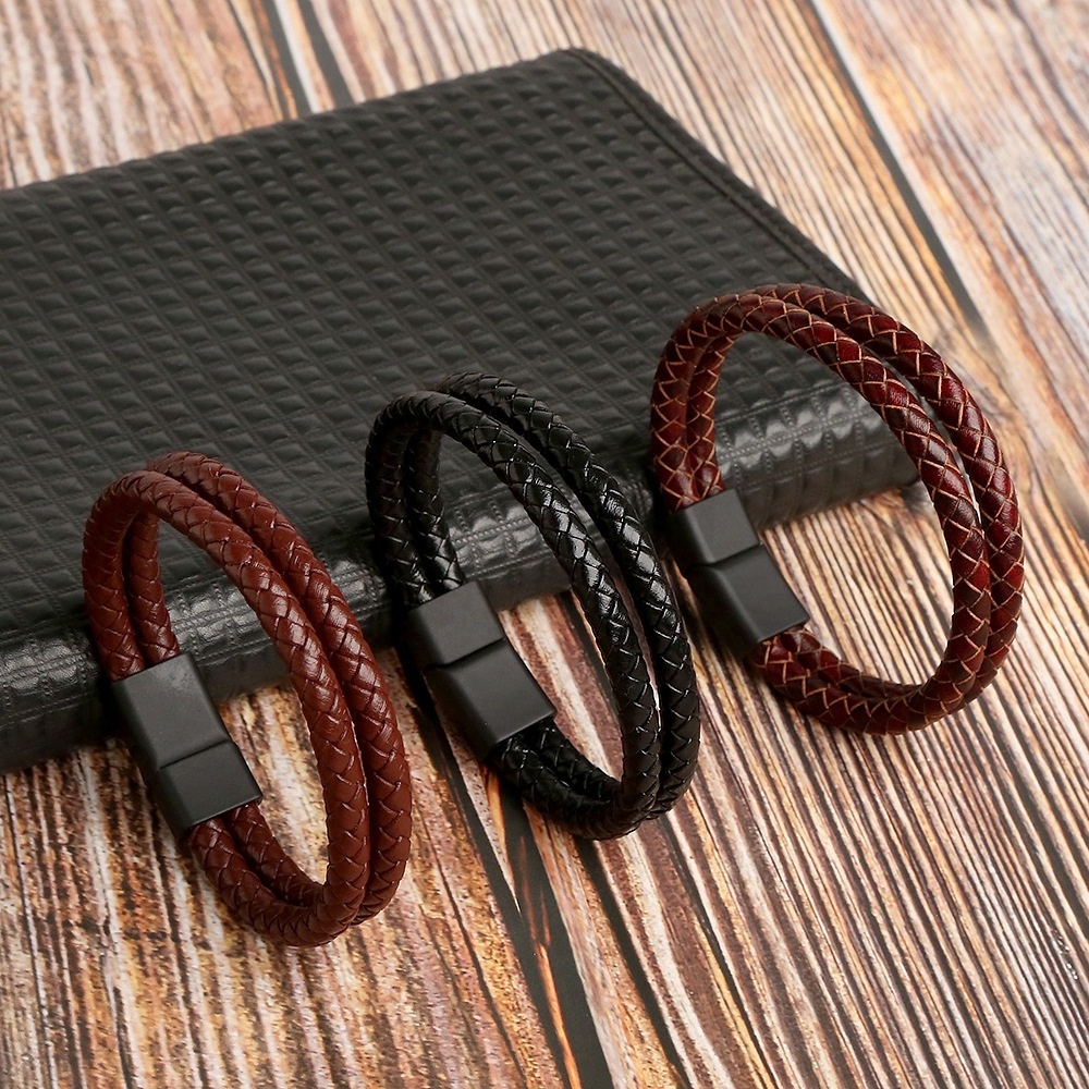 Double Layer Braided Leather Bracelet Cheap Leather Wristband Men's Fashion Leather Cuff Bracelet