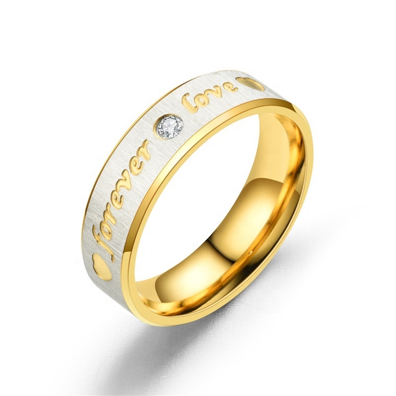 Wholesale Stainless Steel Couple Jewelry Ring Zircon Inlay Gold Plated Matte Couple Ring For Valentine Anniversary