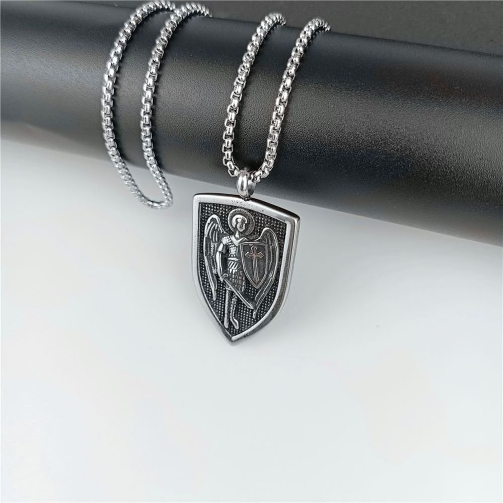 Stainless Steel Angel Michael Pendant Divine Guardian Titanium Shield Hip Hop Men Necklace