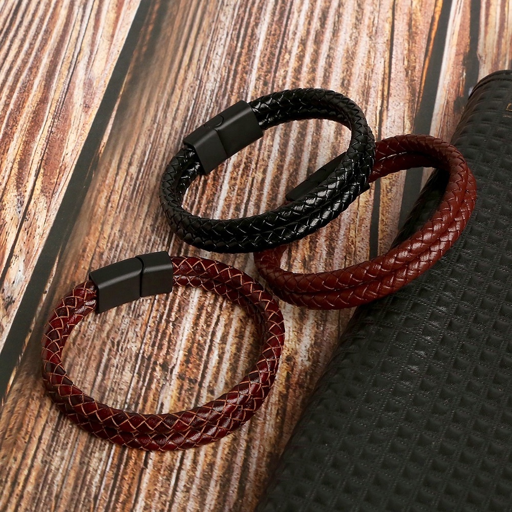 Double Layer Braided Leather Bracelet Cheap Leather Wristband Men's Fashion Leather Cuff Bracelet