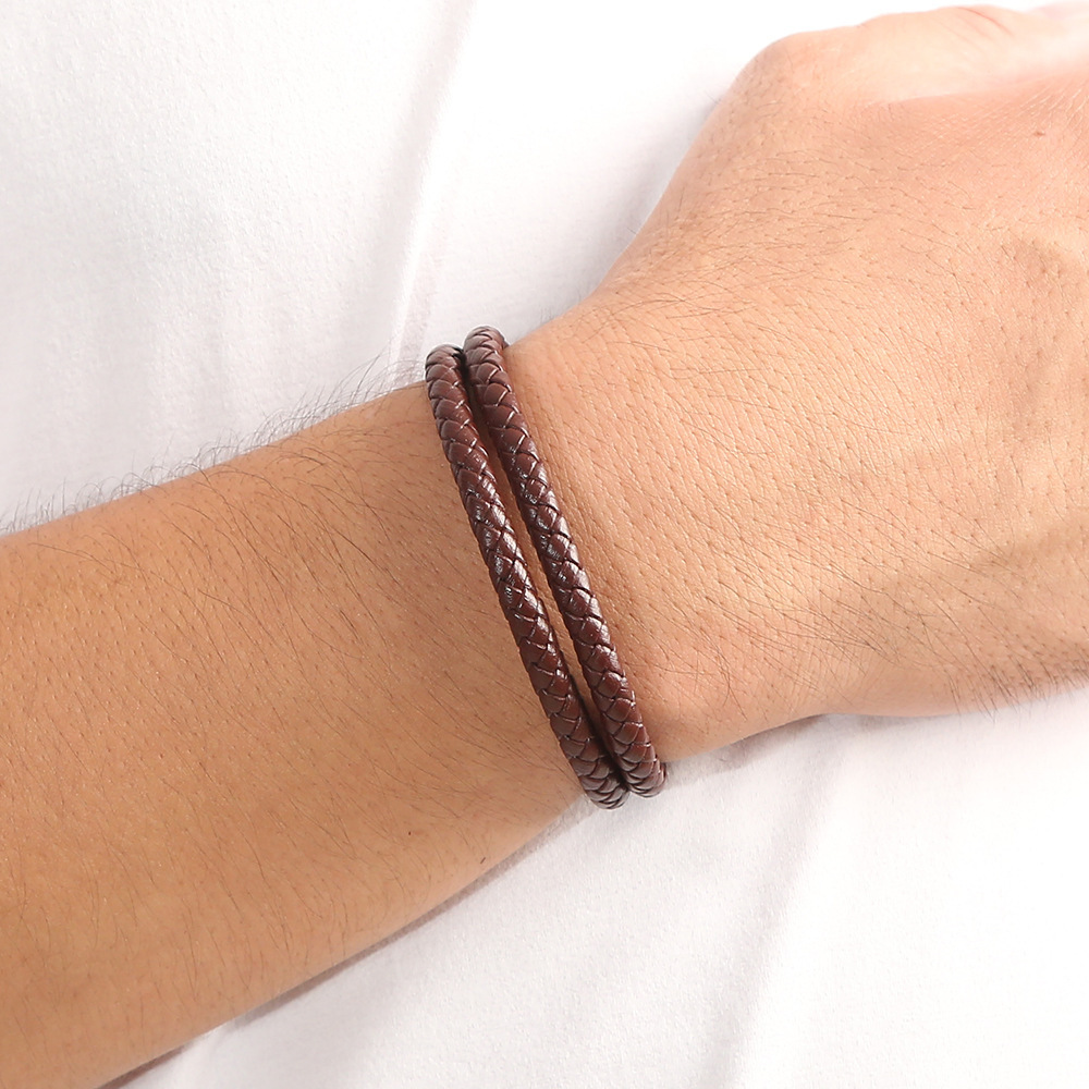 Double Layer Braided Leather Bracelet Cheap Leather Wristband Men's Fashion Leather Cuff Bracelet