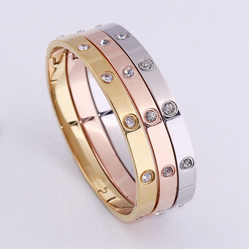 Stainless Steel Fine Jewelry Bangle Zircon Inlay 18K Gold Bangle Bracelet Women