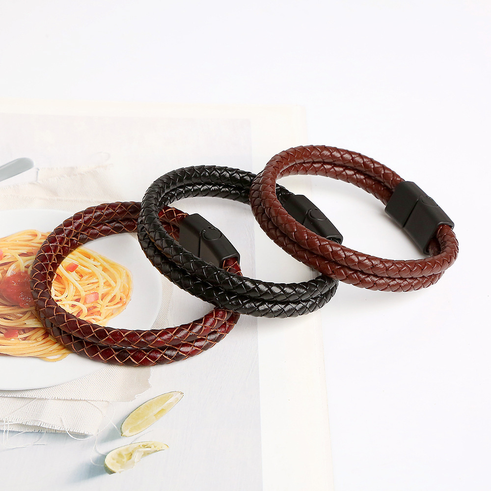 Double Layer Braided Leather Bracelet Cheap Leather Wristband Men's Fashion Leather Cuff Bracelet