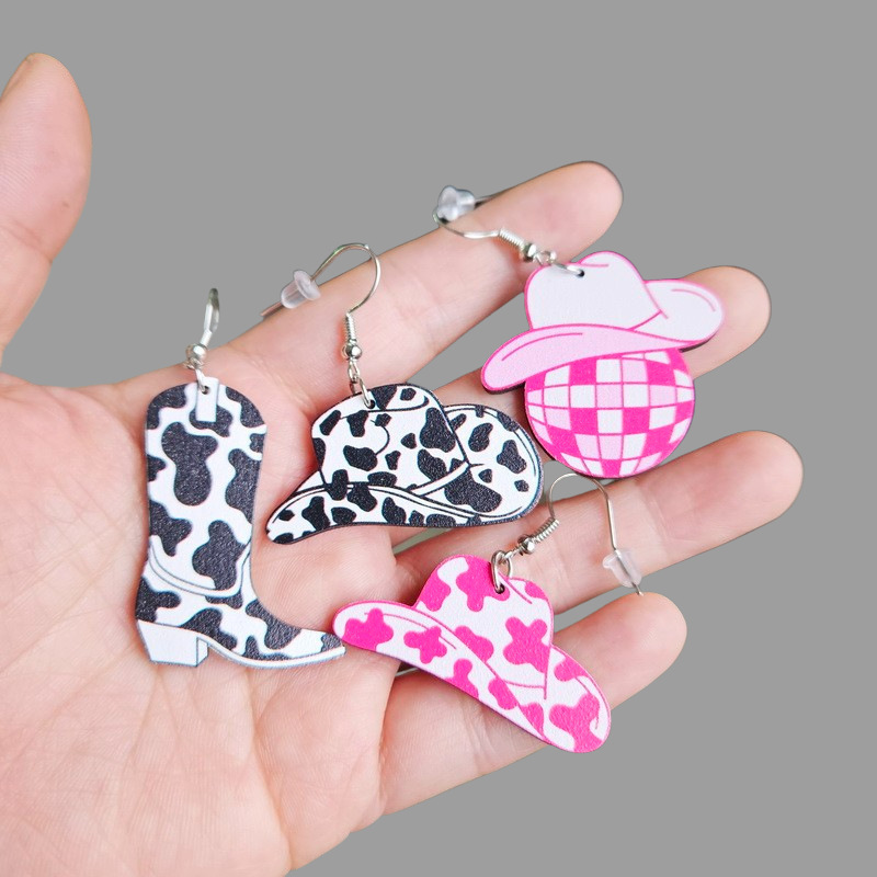 Y2K Pink Cowboy Styles Girls Cow Printed Hat Boots Smiley Face Bullhead Wooden Creative Western Earrings